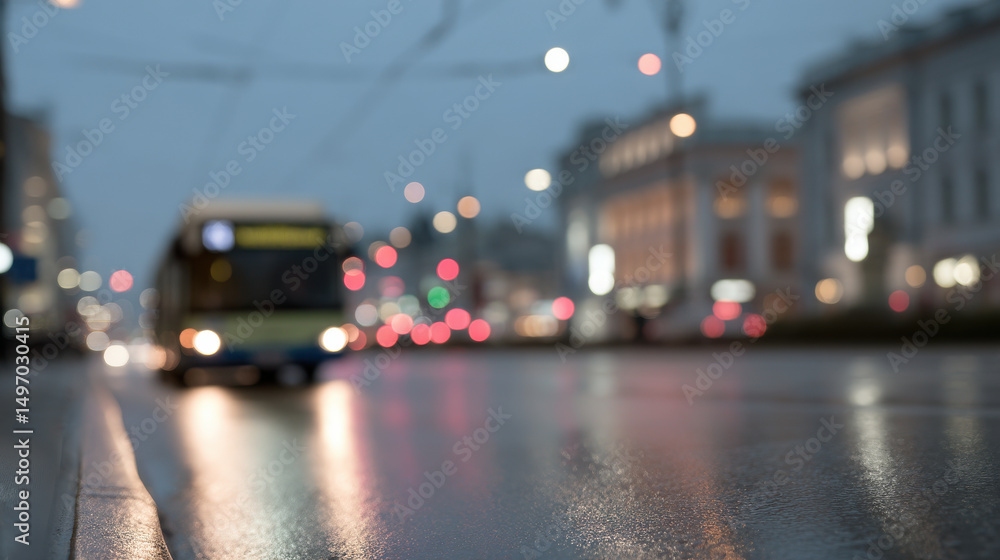 Fototapeta premium trolleybus driving through rainy city street raindrops splashing on pavement focus on trolleybus with blurred city