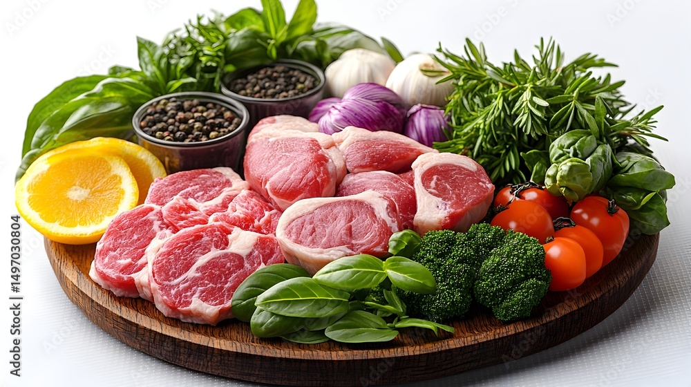Raw meat cuts arranged on a wooden board with assorted fresh herbs, vegetables, and spices Raw meat cuts arranged on a wooden board with assorted fresh herbs, vegetables, and spices