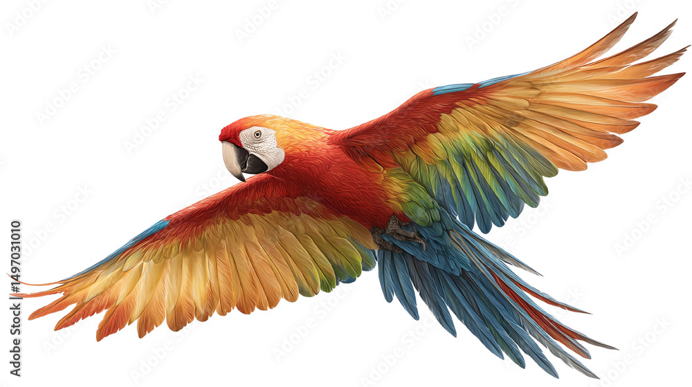 Obraz premium Colorful parrot soaring in bright sky. isolated on white background