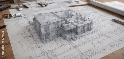 Architectural blueprint mockup, photo effect overlay on textured paper ,  art,  building,  antique