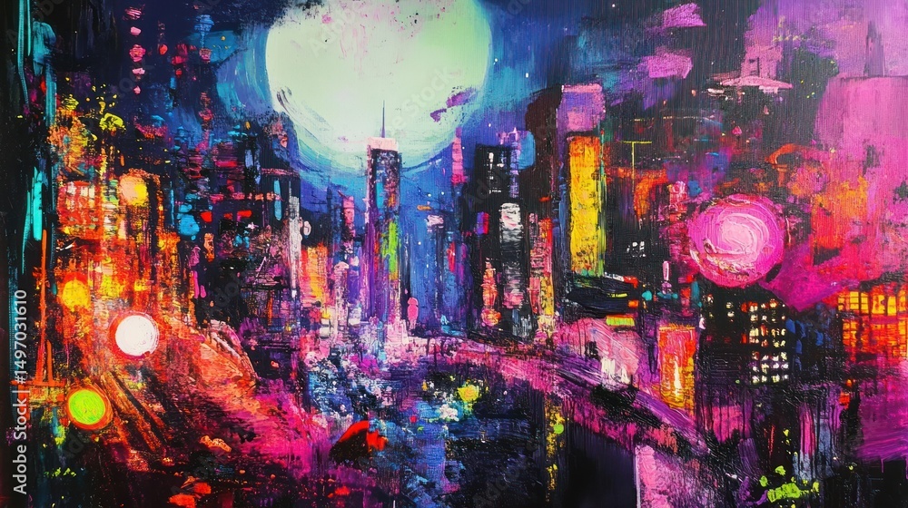 Obraz premium Energetic Urban Canvas: A vibrant cityscape under a luminous celestial glow