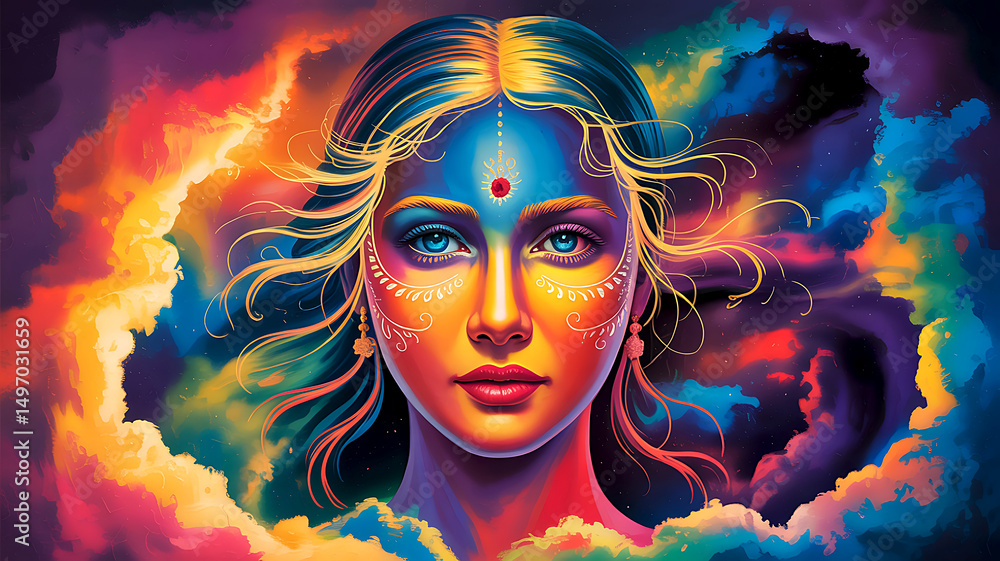 Fototapeta premium Vibrant colorful woman cosmic portrait art
