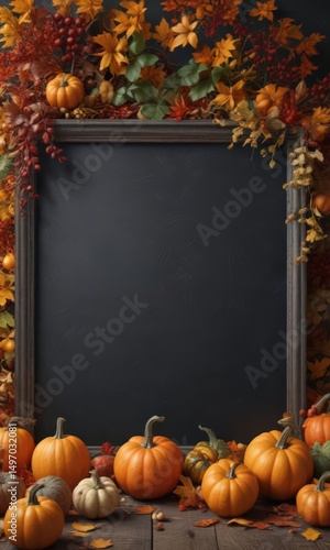 Rustic chalkboard frame overflowing with various sized pumpkins & gourds, autumn leaves ,  style,  wood,  pumpkins