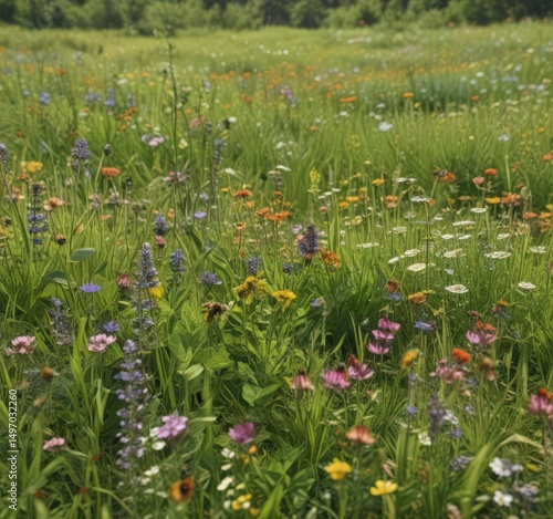 Vibrant summer meadow, wildflowers, buzzing bees, lush grass ,  flora,  illustration