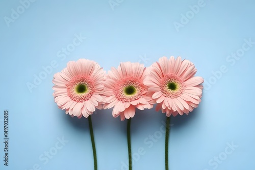 Three Pink Gerbera Daisies on Blue Background Minimalist Floral Photography