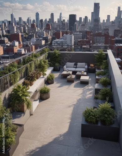 Sleek city condo, rooftop terrace, panoramic view, home, highrise