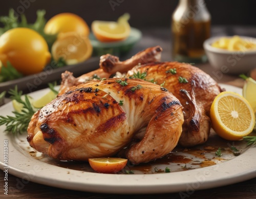 Zesty citrus-marinated chicken, crispy skin, kitchen setting,  high resolution,  healthy eating