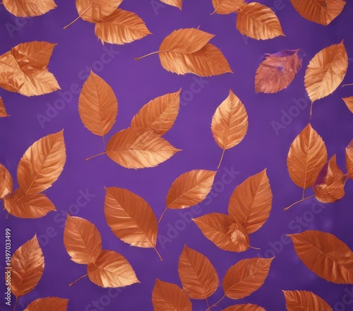 Dry orange metallic leaves, violet backdrop  Geometric leaf pattern  , glossy, texture, stock