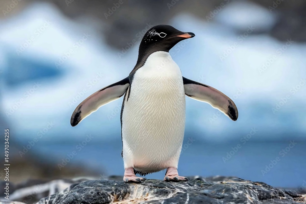 Obraz premium Adelie penguin standing on rock, wings outstretched, Antarctica