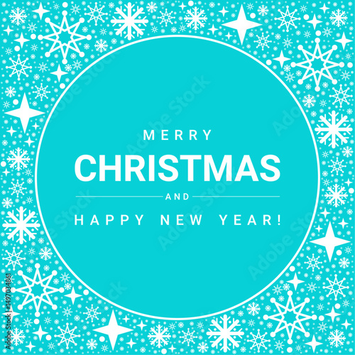Merry Christmas and Happy New Year Greeting Card Vector with Snowflake Border and Winter Holiday Message on Blue Background