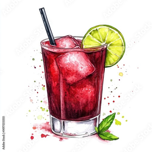 Vibrant red cocktail with lime and ice
