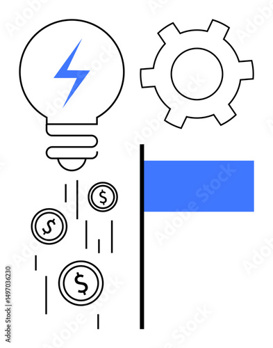 Light bulb with energy symbol releasing coins, gear symbolizing process, and blue rectangle for focus. Ideal for innovation, energy saving, entrepreneurship, finance growth, technology, business