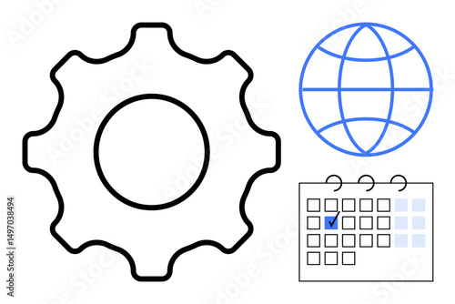 Gear icon, globe, and calendar with check mark symbolizing global business, task planning, process management, collaboration, scheduling, efficiency, and operational functionality as flat simple