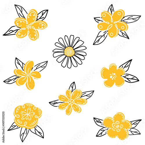 Floral collection with leaves, flower bouquets.