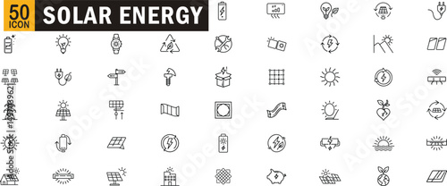 Solar energy editable outline icon set. Panels, battery, eco, electricity, power, renewable and more.