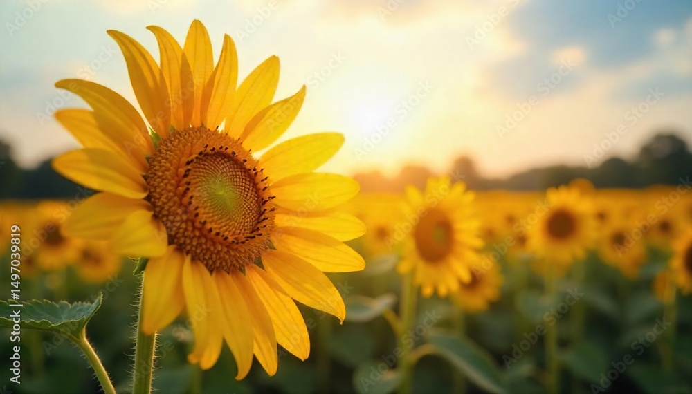 Obraz premium Close-up of a single, vibrant sunflower facing the sun, symbolizing optimism and the promise of a brighter future Perfect for themes of hope, resilience, and new beginnings , flower, growth, garden