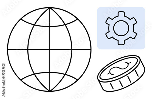 Globe symbolizing global network, gear for technology or settings, coin for financial or economic concept. Ideal for business, technology, international trade, fintech, finance, global economy