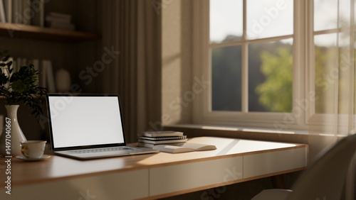 Wallpaper Mural White screen laptop with books and coffee cup on wooden table next to the window with sheer curtain. Torontodigital.ca