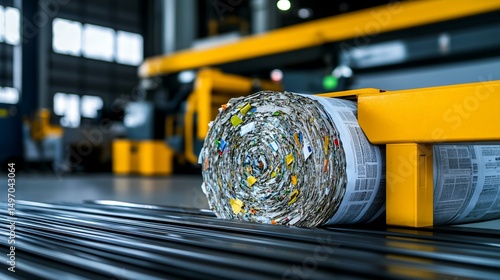 A close shot of a paper bailer compressing old newspaper, with hydraulic cylinder, sensor cables, and bale ejection ramp visible in a clean factory bay