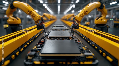 A wide shot of an electronic waste recycling line with automated disassembly robots removing circuit boards, metal frames, and battery packs under sterile factory lighting