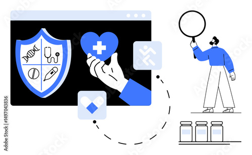 Shield with medical symbols, hand holding heart with cross, professional analyzing icons, pharmacy vials. Ideal for healthcare, telemedicine, online services, pharmacy, protection health awareness