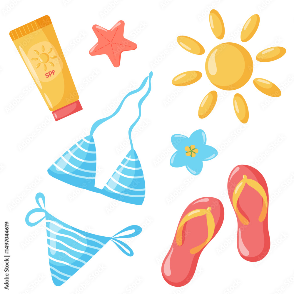 Naklejka premium Woman Bikini Swimsuit, Fashionable female swimwear, bikini top and panties. Sunscreen tube cream, lotion. Flip flops beach shoes. Sun and flowers. Vector illustrations. Isolated on white background