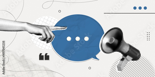Trendy Halftone Collage Hand showing speech bubble. Megaphone with message and quote symbols. Social media communication , promotion and marketing. Online news. Contemporary vector illustration art