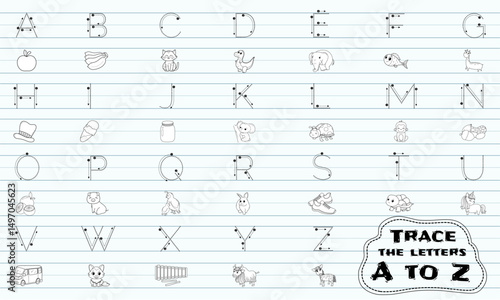 Vector illustrations of uppercase A–Z letter tracing worksheets for handwriting practice, with accompanying images.