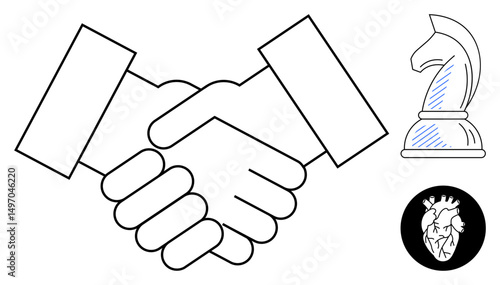 Two hands shake symbolizing agreement, chess knight evokes strategy, heart signifies trust and values. Ideal for business, partnership, teamwork, negotiations, ethics leadership strategy. Flat