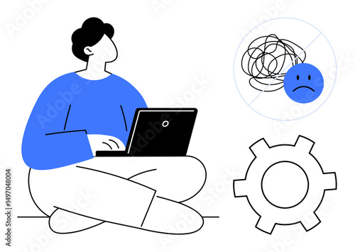 Seated individual working on a laptop, considering emotional confusion and a technical gear concept. Ideal for mental health, problem-solving, self-improvement, workflow, decision-making, emotional