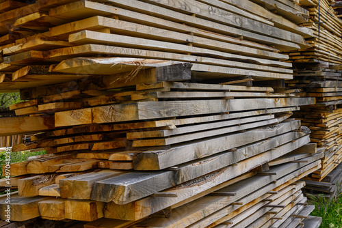 Obraz na plátně stacked wooden planks texture background detail of sawn timber drying in layers