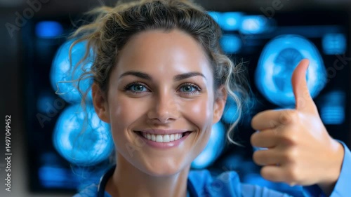 A female doctor raises her thumb to say that everything is allright