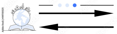 Globe above an open book with decorative elements, arrows pointing in opposite directions, and dots indicating progress. Ideal for education, sustainability, global growth, research, data analysis