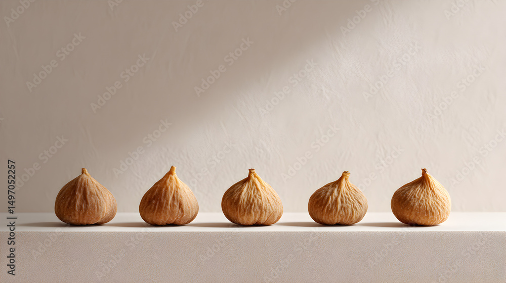 Obraz premium Five dried figs arranged in a row on a smooth surface, showcasing their unique textures and shapes against a soft, neutral background, highlighting natural beauty and simplicity