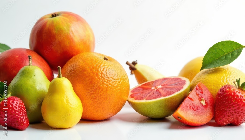 Assorted organic fruits on pristine white backdrop, organic fruit, food Assorted organic fruits on pristine white backdrop, organic fruit, food