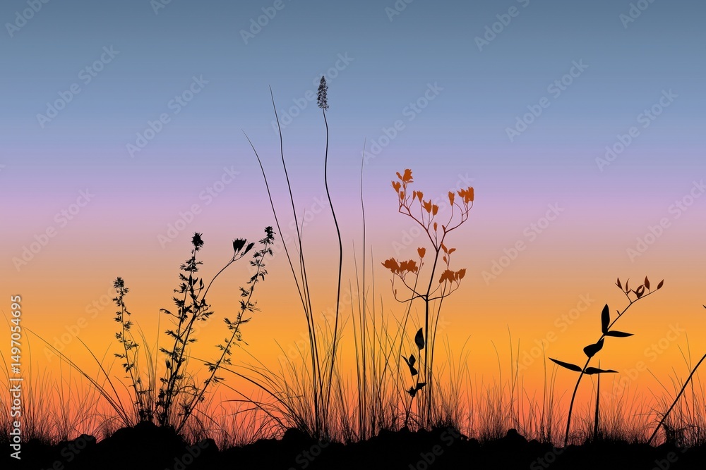 Obraz premium A field of grass with a beautiful sunset in the background. The sky is a mix of orange and purple hues, creating a serene and peaceful atmosphere. The grass is tall and sparse