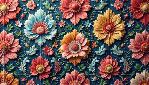 Intricate floral damask textile, repeating motif , flower, design, floral