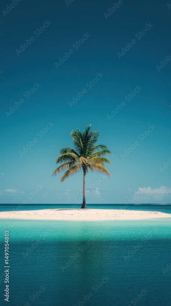 Fototapeta premium Small tropical island with single palm tree surrounded by turquoise ocean