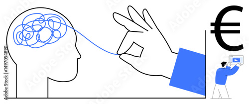 Tangle of lines in a human brain unraveled by a hand, leading to euro sign and analyst with chart. Ideal for mental clarity, problem-solving, business, innovation, finance solutions, strategy, simple