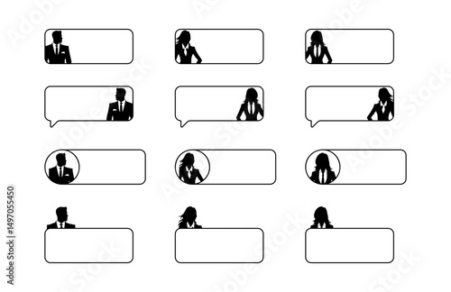 Set of black and white text frames with simplified male and female figures. Perfect for messages, instructions, presentations, and infographics.