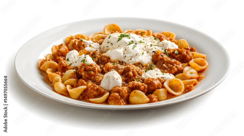Delicious pasta with meat sauce and creamy burrata Delicious pasta with meat sauce and creamy burrata