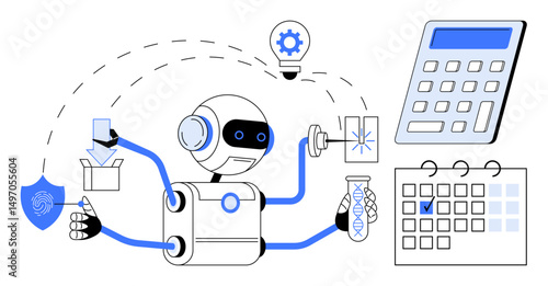 Robot with multiple arms juggling tasks, including calculating, scheduling, analyzing data, testing, and parcel management. Ideal for automation, productivity, innovation robotics technology
