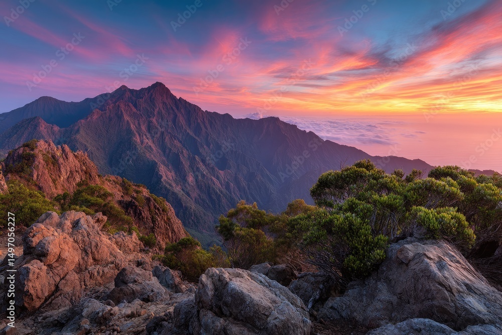 Fototapeta premium Serene Mountain Landscape with Vibrant Skies Above