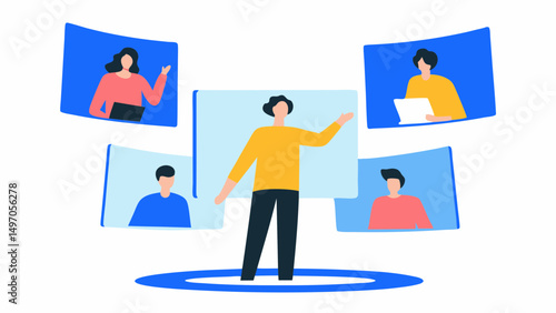 Illustration of a virtual meeting with a presenter and four participants on screens around them