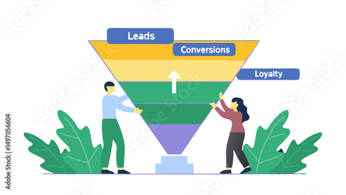 Illustration of a sales funnel with leads conversions and loyalty held by two people with plants around it