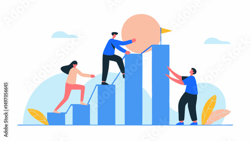 People climbing blue bar graph towards a goal with a flag in a light blue and white background scene