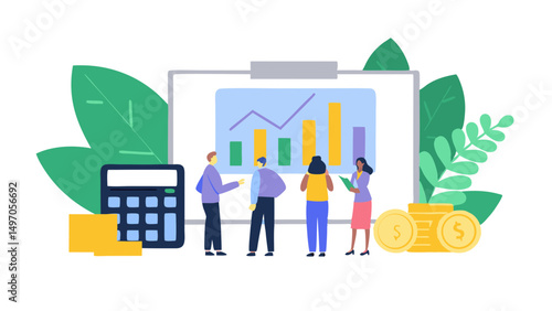 Illustration of business team analyzing a graph on a whiteboard with calculator and money coins near by