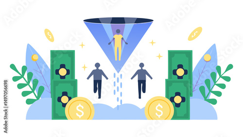 Illustration of a funnel converting people into a single person with money and plants around it