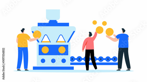 Three people interacting with a blue and white machine with yellow spheres in a production setting like factory