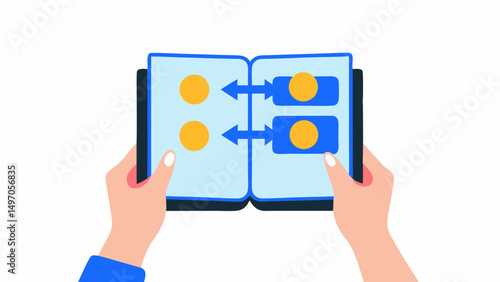 Illustration of hands holding an open book with arrows and circles on the pages displayed clearly